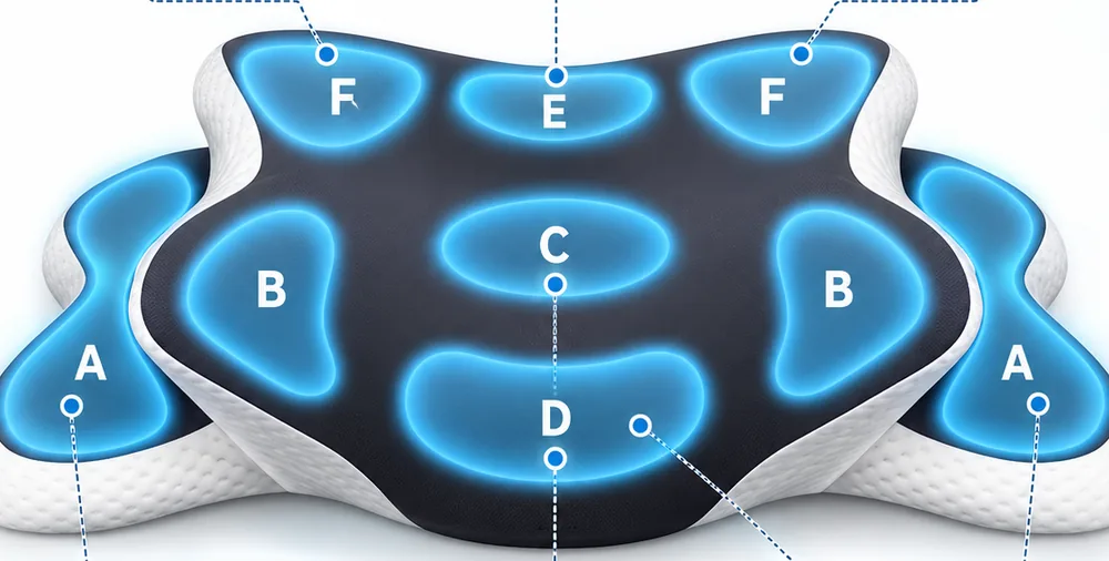 Schéma de l'oreiller papillon avec zones annotées A à F